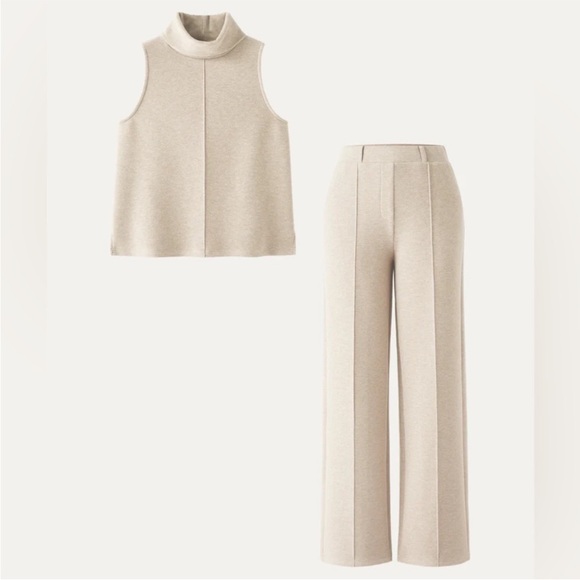 New $135 ogl FuzzLuxe 2Pcs Set Split Hem Top & High Waisted Straight Leg Pant - Picture 2 of 4